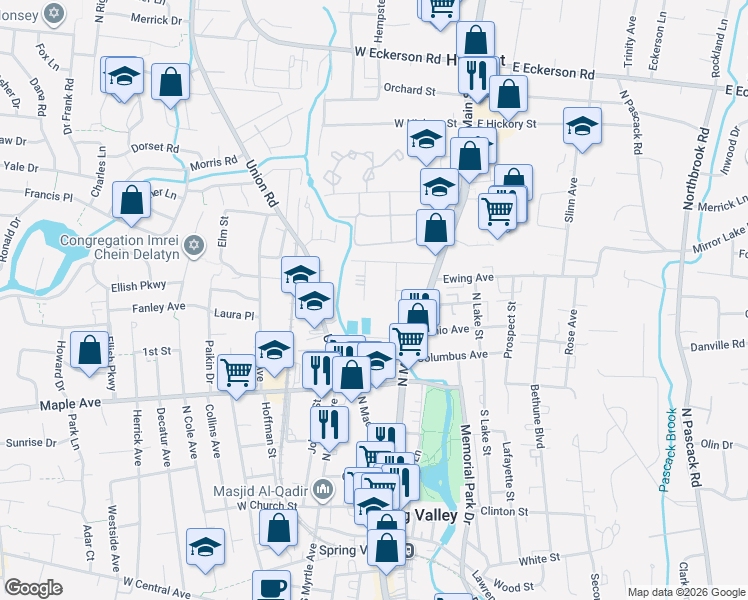 map of restaurants, bars, coffee shops, grocery stores, and more near 175 North Main Street in Spring Valley