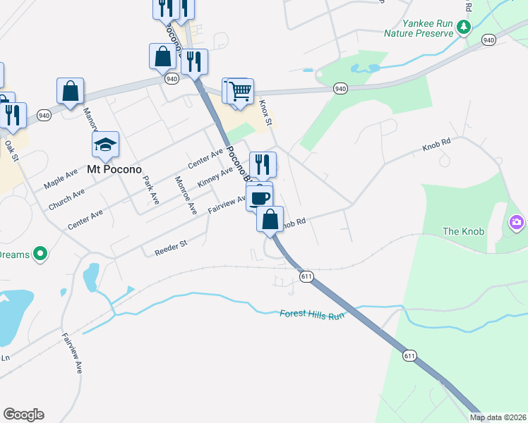 map of restaurants, bars, coffee shops, grocery stores, and more near 42 Pocono Boulevard in Mount Pocono