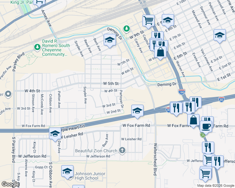 map of restaurants, bars, coffee shops, grocery stores, and more near 311 Chris Loop in Cheyenne