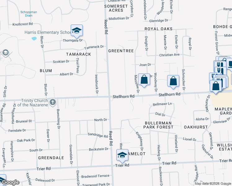 map of restaurants, bars, coffee shops, grocery stores, and more near 4850 Stellhorn Road in Fort Wayne