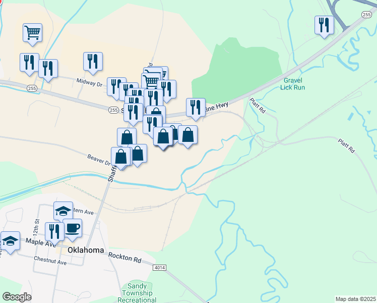 map of restaurants, bars, coffee shops, grocery stores, and more near 690 Shaffer Road in DuBois