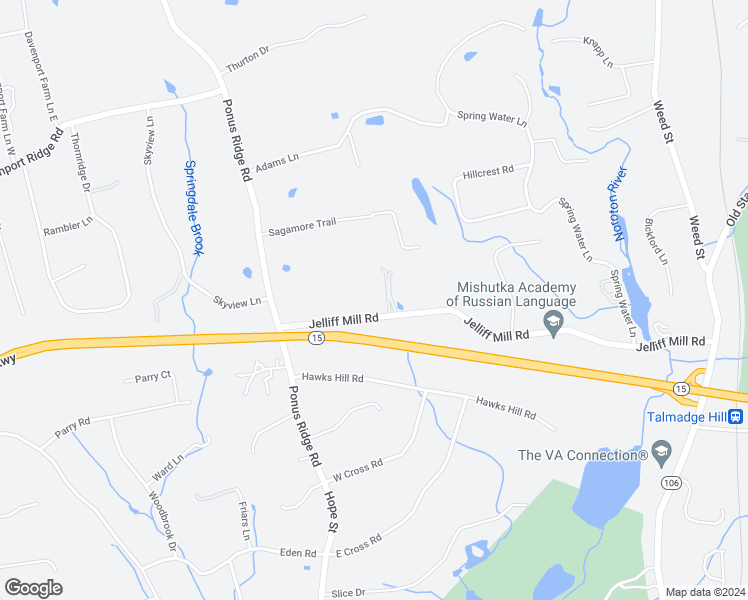 map of restaurants, bars, coffee shops, grocery stores, and more near 335 Jelliff Mill Road in New Canaan