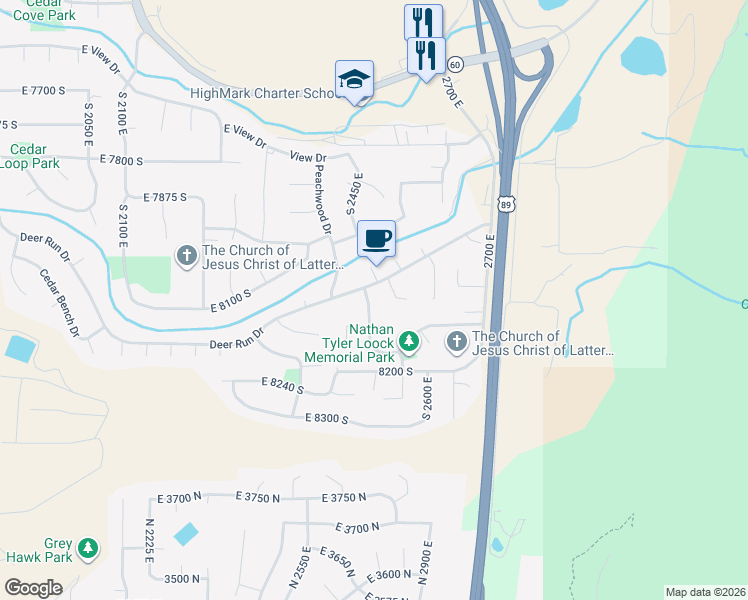 map of restaurants, bars, coffee shops, grocery stores, and more near 8078 South 2475 East in South Weber