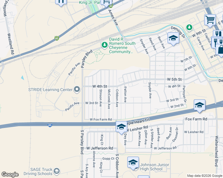 map of restaurants, bars, coffee shops, grocery stores, and more near 327 McComb Avenue in Cheyenne