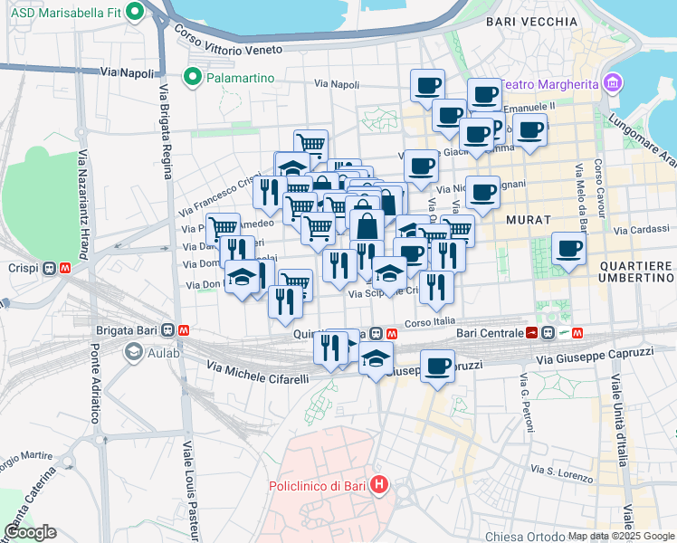 map of restaurants, bars, coffee shops, grocery stores, and more near 305 Via Trevisani in Bari
