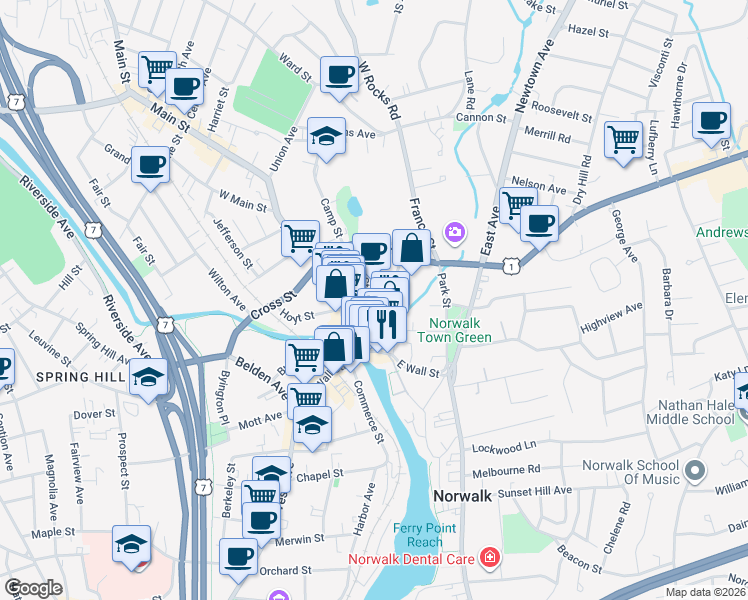 map of restaurants, bars, coffee shops, grocery stores, and more near 12 High Street in Norwalk