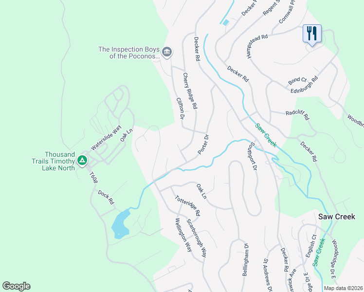 map of restaurants, bars, coffee shops, grocery stores, and more near 110 Park Court in Bushkill