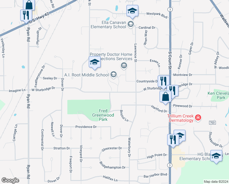map of restaurants, bars, coffee shops, grocery stores, and more near 333 West Sturbridge Drive in Medina