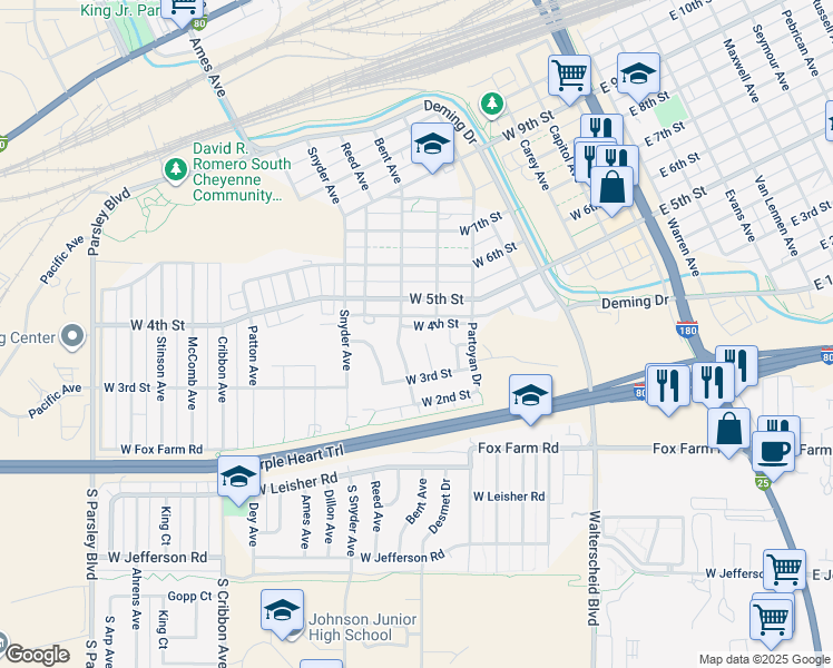 map of restaurants, bars, coffee shops, grocery stores, and more near 326 Arkel Way in Cheyenne