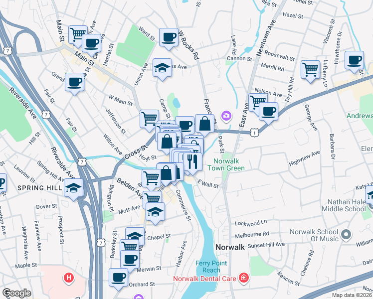 map of restaurants, bars, coffee shops, grocery stores, and more near 12 High Street in Norwalk