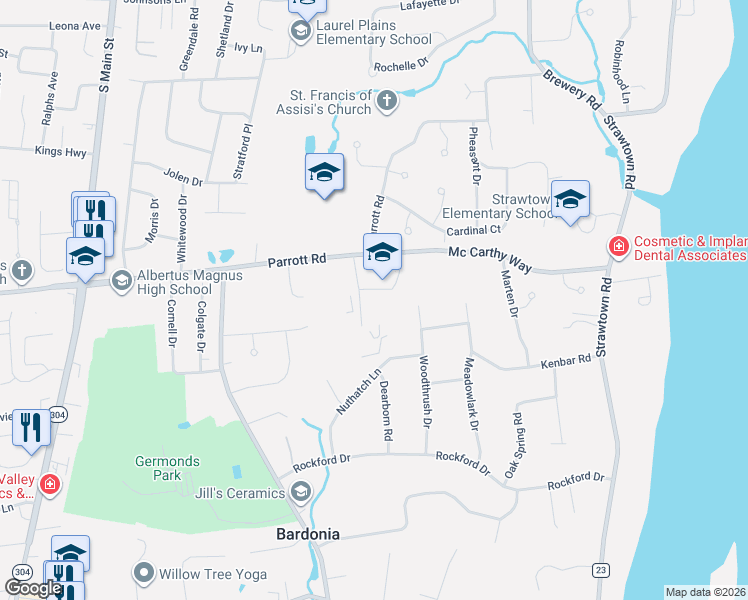 map of restaurants, bars, coffee shops, grocery stores, and more near 65 Parrott Road in West Nyack