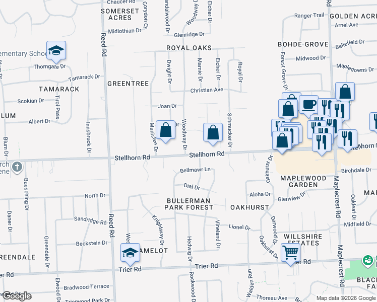 map of restaurants, bars, coffee shops, grocery stores, and more near 5316 Stellhorn Road in Fort Wayne