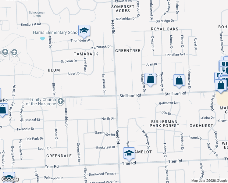 map of restaurants, bars, coffee shops, grocery stores, and more near 4732 Stellhorn Road in Fort Wayne