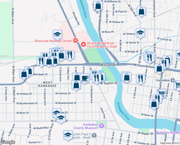 map of restaurants, bars, coffee shops, grocery stores, and more near 1130 West Merchant Street in Kankakee