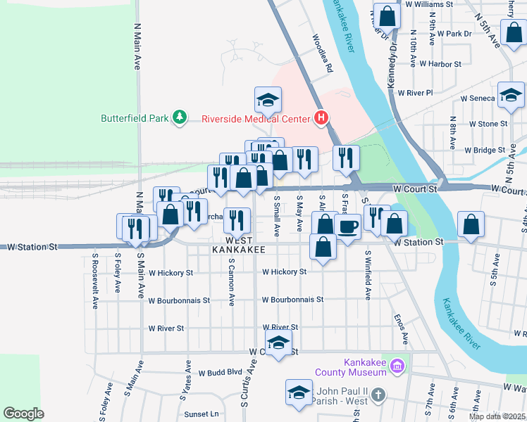map of restaurants, bars, coffee shops, grocery stores, and more near 220 South Curtis Avenue in Kankakee