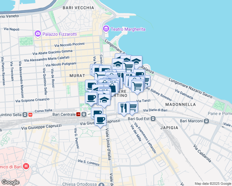 map of restaurants, bars, coffee shops, grocery stores, and more near 40 Via Gian Giuseppe Carulli in Bari