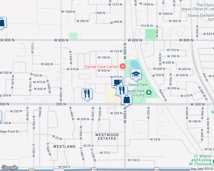 map of restaurants, bars, coffee shops, grocery stores, and more near 90 West 400 North in Clearfield