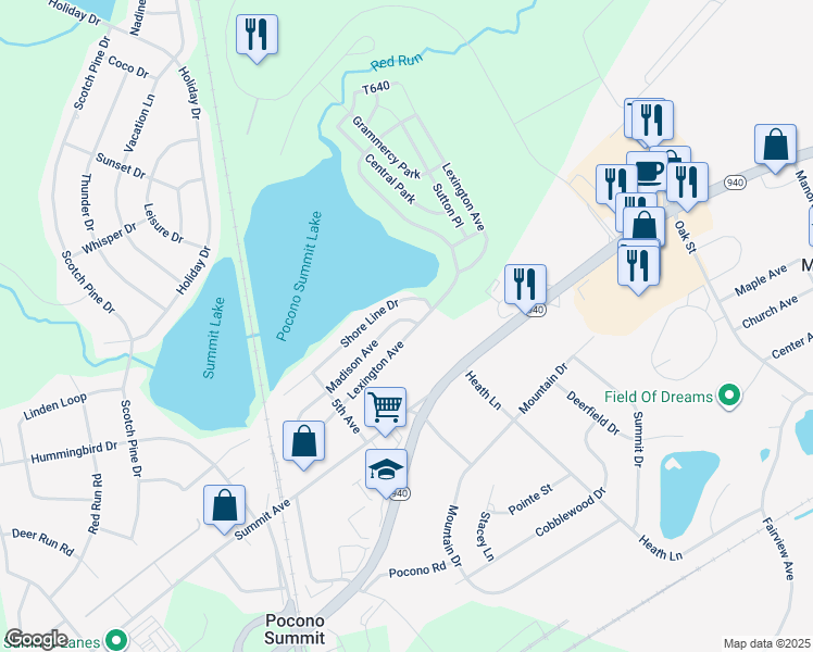 map of restaurants, bars, coffee shops, grocery stores, and more near 1388 Madison Avenue in Pocono Summit
