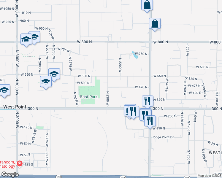 map of restaurants, bars, coffee shops, grocery stores, and more near 2283 West 470 North in West Point