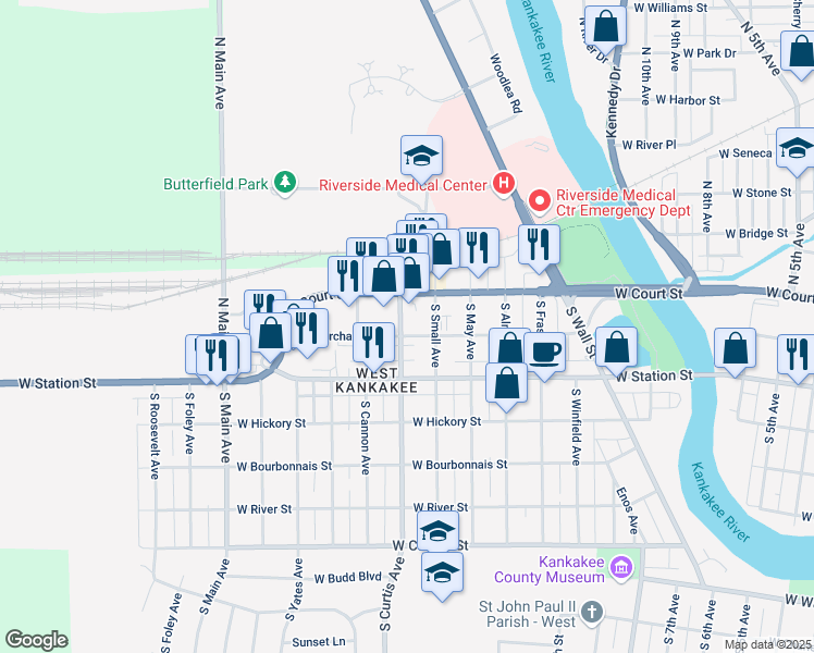 map of restaurants, bars, coffee shops, grocery stores, and more near 220 South Curtis Avenue in Kankakee