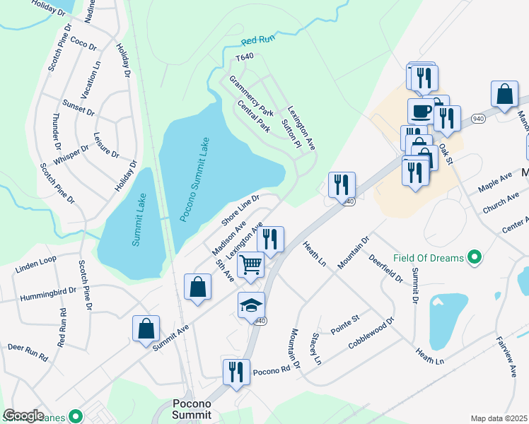 map of restaurants, bars, coffee shops, grocery stores, and more near 1388 Madison Avenue in Pocono Summit