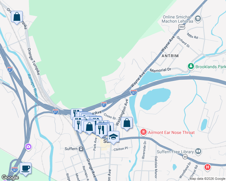 map of restaurants, bars, coffee shops, grocery stores, and more near 12-20 Pavilion Road in Suffern