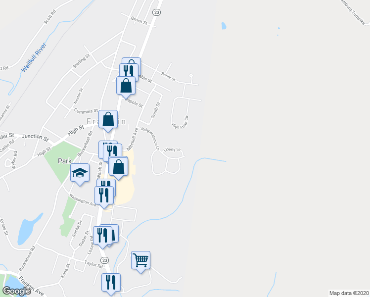 map of restaurants, bars, coffee shops, grocery stores, and more near 21 High Point Circle in Franklin