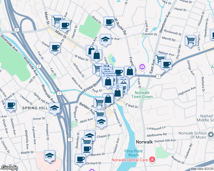 map of restaurants, bars, coffee shops, grocery stores, and more near 74 Main Street in Norwalk