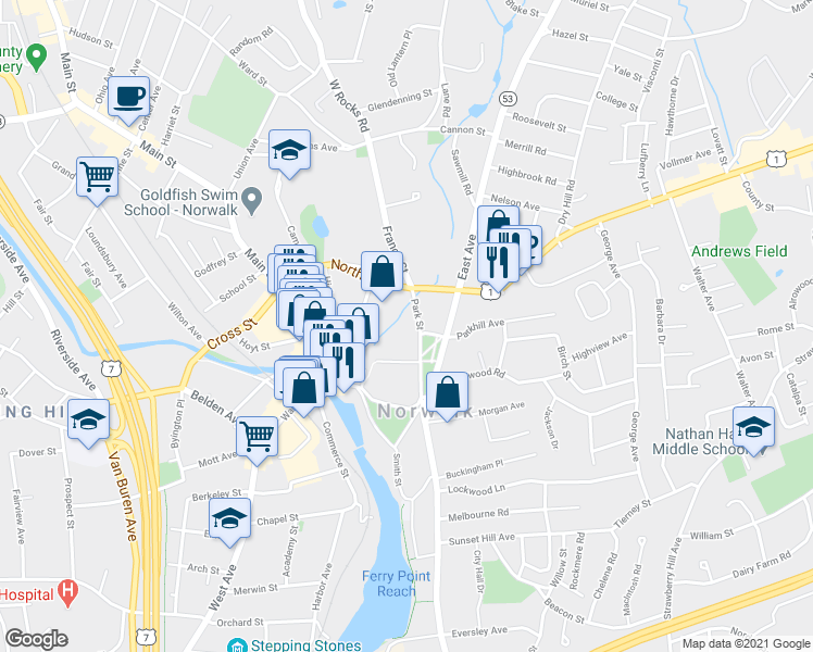 map of restaurants, bars, coffee shops, grocery stores, and more near 36 Park Lane in Norwalk