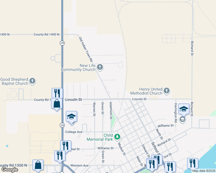 map of restaurants, bars, coffee shops, grocery stores, and more near 1226 Old Indian Town Road in Henry