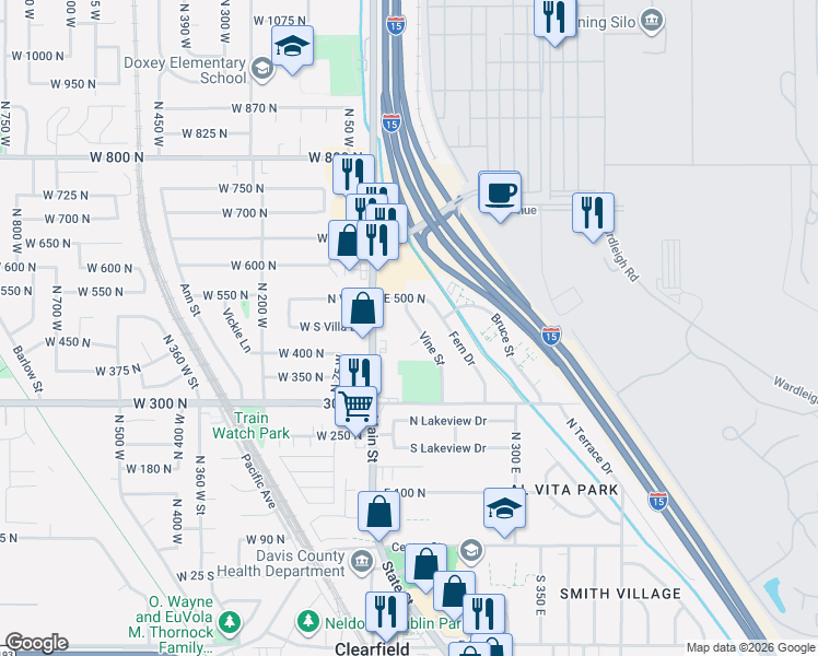 map of restaurants, bars, coffee shops, grocery stores, and more near 463 Vine Street in Clearfield