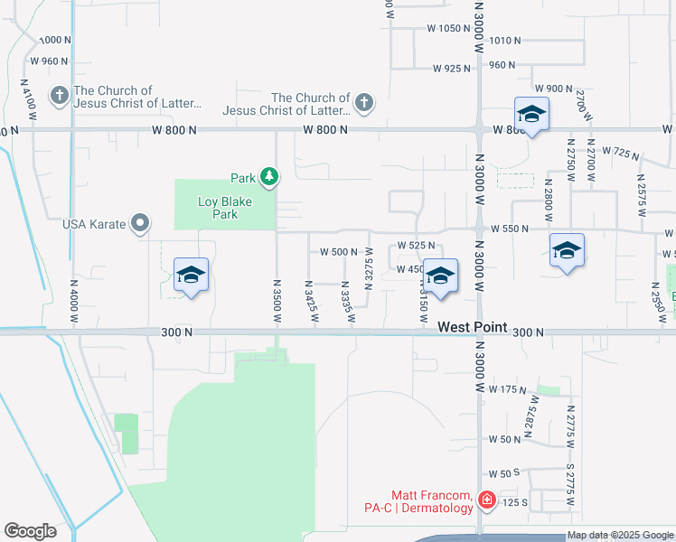 map of restaurants, bars, coffee shops, grocery stores, and more near 3351 West 500 North in West Point