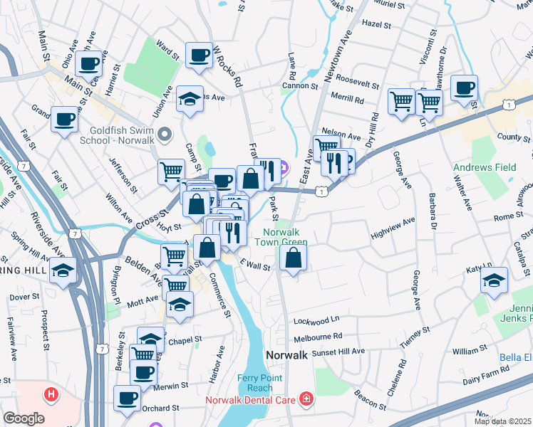 map of restaurants, bars, coffee shops, grocery stores, and more near 36 Park Lane in Norwalk