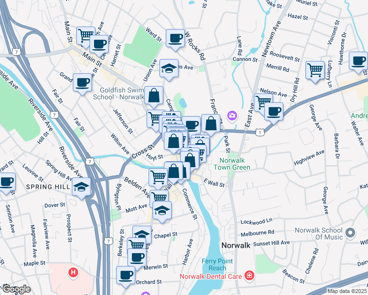 map of restaurants, bars, coffee shops, grocery stores, and more near 34 High Street in Norwalk