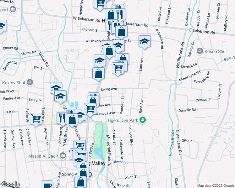 map of restaurants, bars, coffee shops, grocery stores, and more near 210 North Main Street in Spring Valley