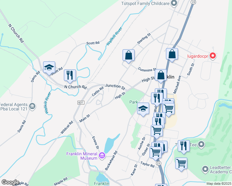 map of restaurants, bars, coffee shops, grocery stores, and more near 19 Junction Street in Franklin