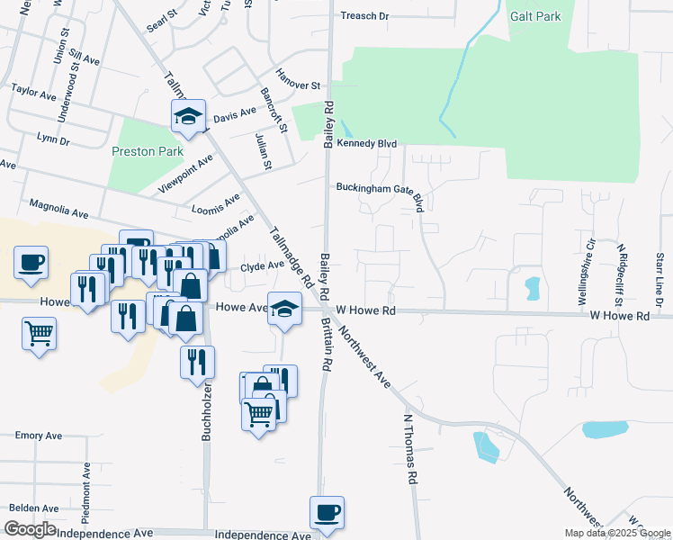 map of restaurants, bars, coffee shops, grocery stores, and more near 1281 Bailey Road in Cuyahoga Falls