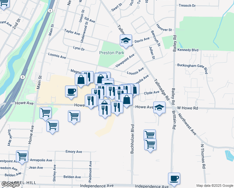 map of restaurants, bars, coffee shops, grocery stores, and more near 619 Edward Avenue in Cuyahoga Falls