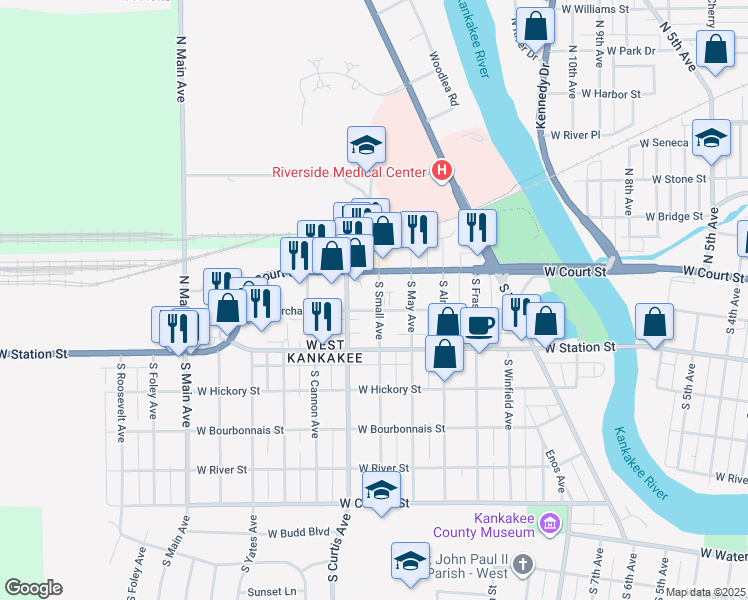 map of restaurants, bars, coffee shops, grocery stores, and more near 1550-90 West Court Street in Kankakee