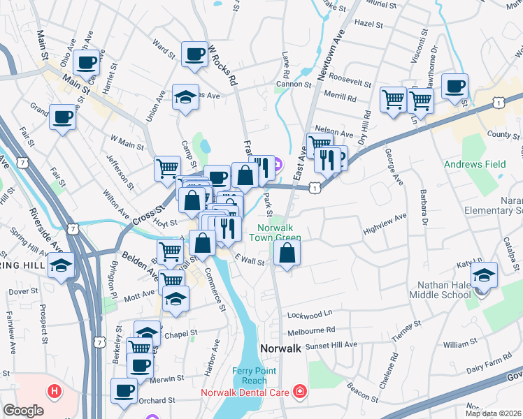 map of restaurants, bars, coffee shops, grocery stores, and more near 15 Park Street in Norwalk