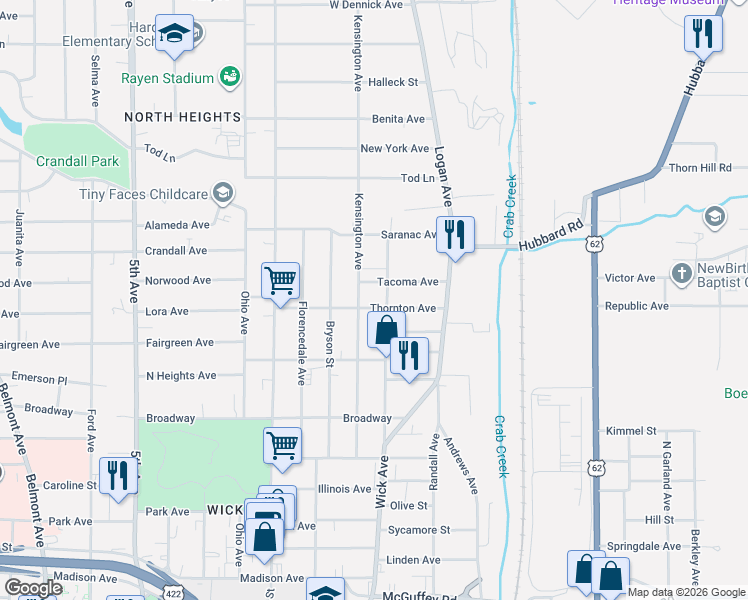 map of restaurants, bars, coffee shops, grocery stores, and more near 68 Tacoma Avenue in Youngstown
