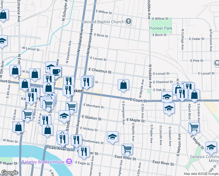 map of restaurants, bars, coffee shops, grocery stores, and more near 163 North Rosewood Avenue in Kankakee
