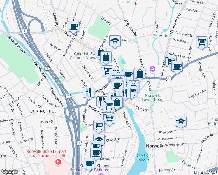map of restaurants, bars, coffee shops, grocery stores, and more near 10 Cross Street in Norwalk
