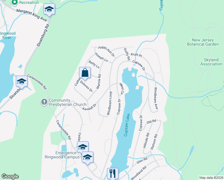 map of restaurants, bars, coffee shops, grocery stores, and more near 3 Windbeam Loop in Ringwood