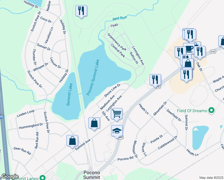 map of restaurants, bars, coffee shops, grocery stores, and more near Park Ave in Mt Pocono