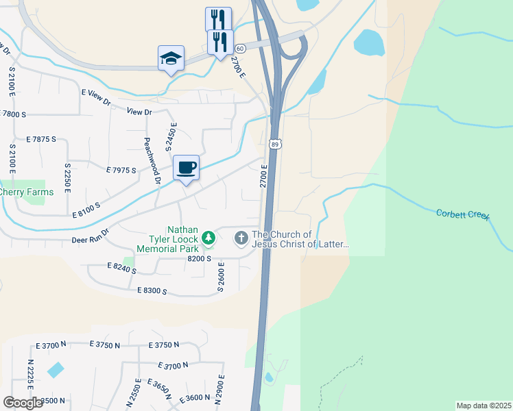 map of restaurants, bars, coffee shops, grocery stores, and more near 2681 East Sunshine Court in South Weber