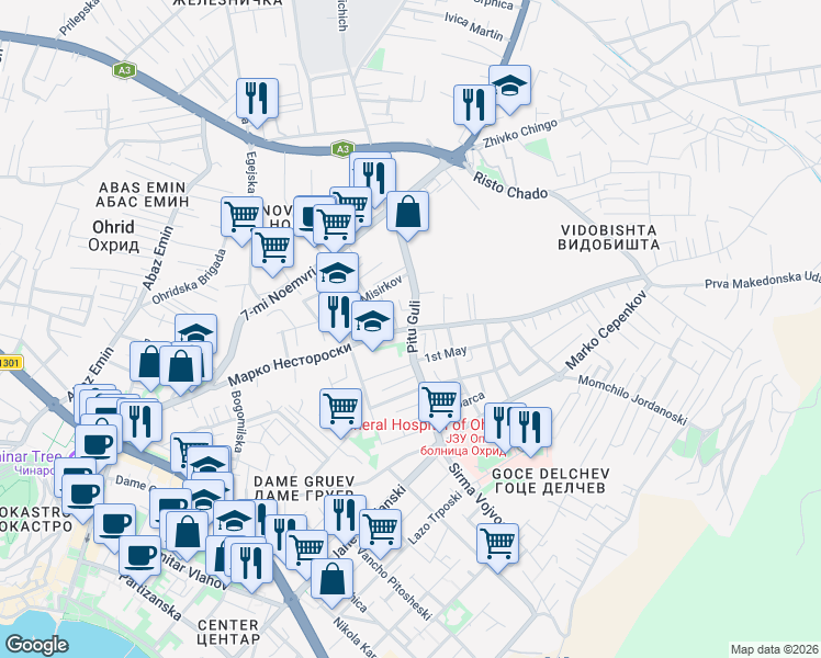 map of restaurants, bars, coffee shops, grocery stores, and more near Pitu Guli in Ohrid