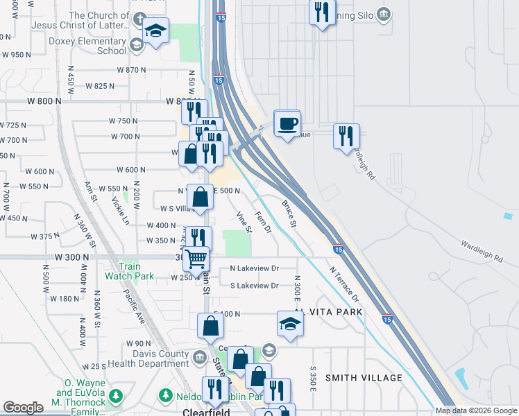 map of restaurants, bars, coffee shops, grocery stores, and more near 446 Fern Drive in Clearfield