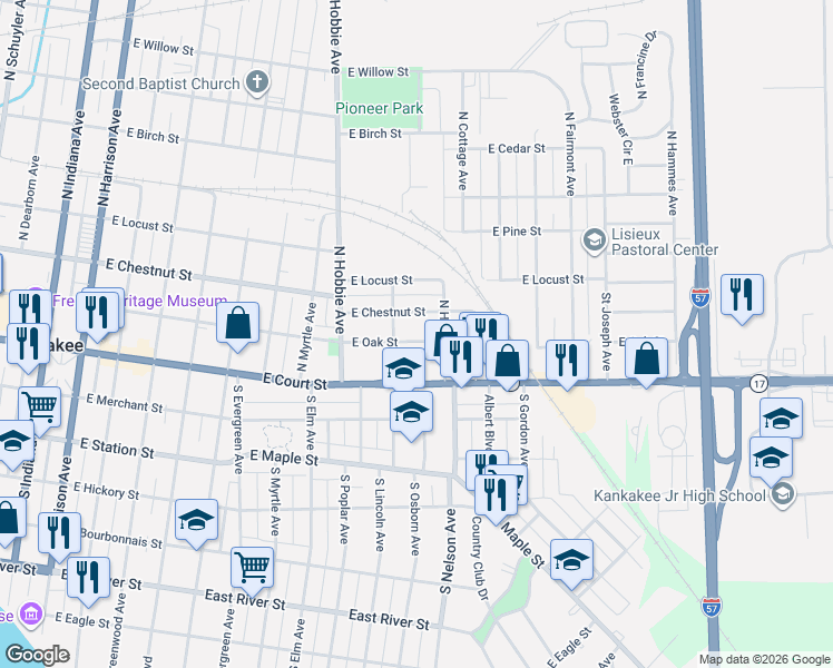 map of restaurants, bars, coffee shops, grocery stores, and more near 294 Taylor Avenue in Kankakee
