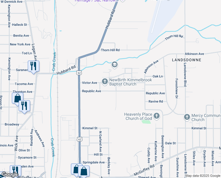 map of restaurants, bars, coffee shops, grocery stores, and more near 1394 Victor Avenue in Youngstown
